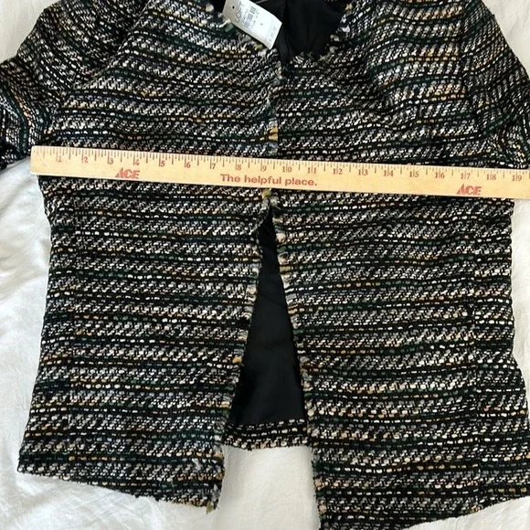 LOFT Tweed Jacket Open Front Fringe Trim Career Black Gold Size 6 - Picture 7 of 8